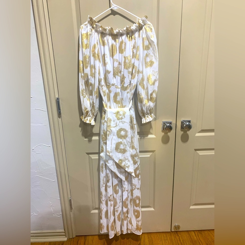 NWT HALPERN “Painted Voile” Balloon Sleeve Off the Shoulder Jumpsuit 12/42